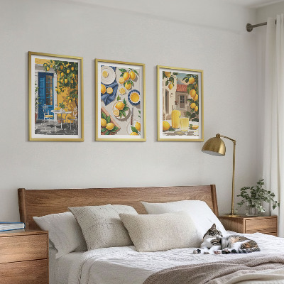 Conjunto de 3 quadros com moldura Jardim de Limões com Bebidas