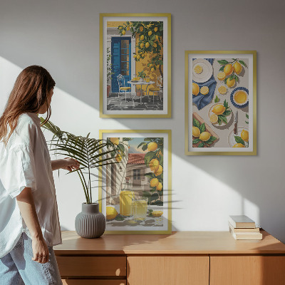 Conjunto de 3 quadros com moldura Jardim de Limões com Bebidas