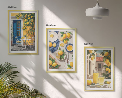 Conjunto de 3 quadros com moldura Jardim de Limões com Bebidas
