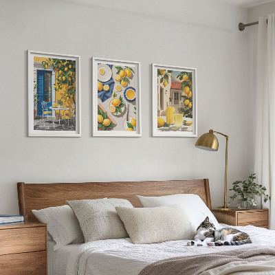 Conjunto de 3 quadros com moldura Jardim de Limões com Bebidas