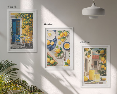 Conjunto de 3 quadros com moldura Jardim de Limões com Bebidas