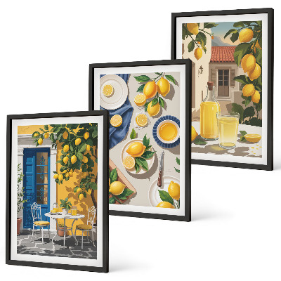 Conjunto de 3 quadros com moldura Jardim de Limões com Bebidas