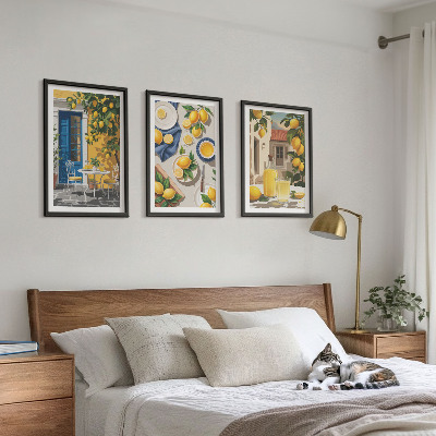 Conjunto de 3 quadros com moldura Jardim de Limões com Bebidas