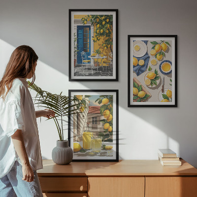 Conjunto de 3 quadros com moldura Jardim de Limões com Bebidas