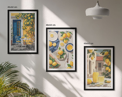 Conjunto de 3 quadros com moldura Jardim de Limões com Bebidas