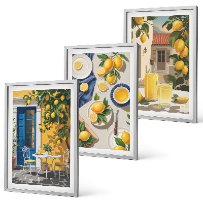 Conjunto de 3 quadros com moldura Jardim de Limões com Bebidas