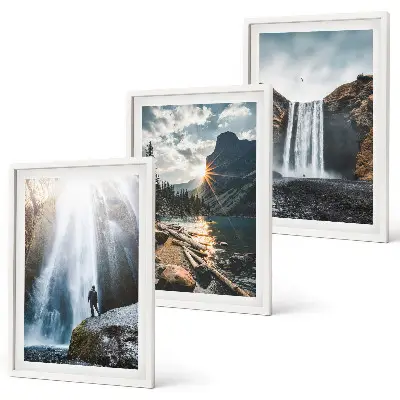 Conjunto de quadros para sala de estar com paisagens de cachoeiras, montanhas e natureza