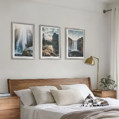 Conjunto de quadros para sala de estar com paisagens de cachoeiras, montanhas e natureza