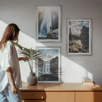Conjunto de quadros para sala de estar com paisagens de cachoeiras, montanhas e natureza