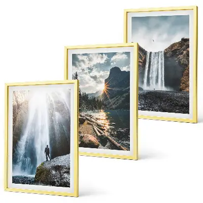 Conjunto de quadros para sala de estar com paisagens de cachoeiras, montanhas e natureza