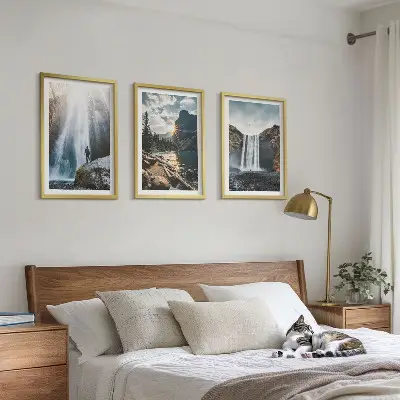 Conjunto de quadros para sala de estar com paisagens de cachoeiras, montanhas e natureza