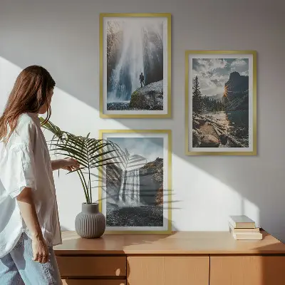 Conjunto de quadros para sala de estar com paisagens de cachoeiras, montanhas e natureza