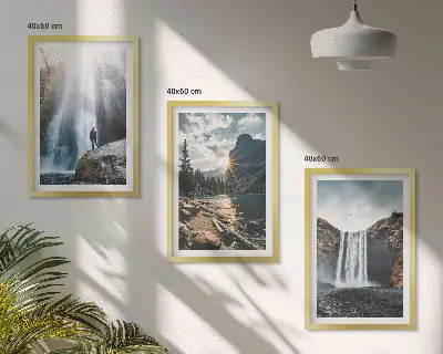 Conjunto de quadros para sala de estar com paisagens de cachoeiras, montanhas e natureza