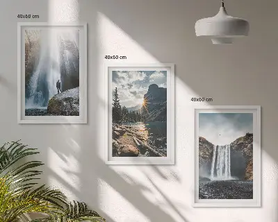 Conjunto de quadros para sala de estar com paisagens de cachoeiras, montanhas e natureza