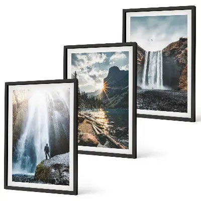 Conjunto de quadros para sala de estar com paisagens de cachoeiras, montanhas e natureza