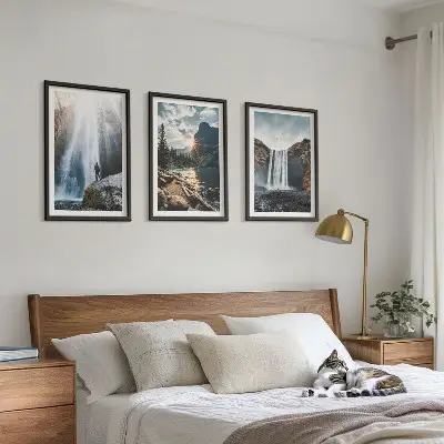 Conjunto de quadros para sala de estar com paisagens de cachoeiras, montanhas e natureza