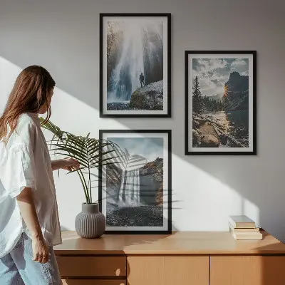 Conjunto de quadros para sala de estar com paisagens de cachoeiras, montanhas e natureza