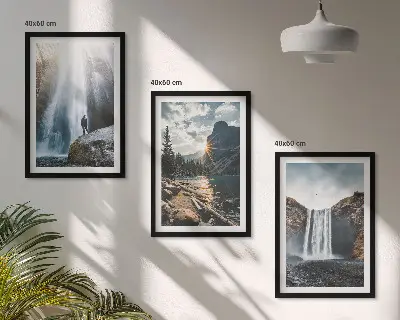 Conjunto de quadros para sala de estar com paisagens de cachoeiras, montanhas e natureza