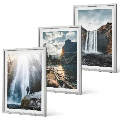 Conjunto de quadros para sala de estar com paisagens de cachoeiras, montanhas e natureza