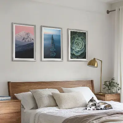 Composição moderna de quadros paisagem de montanhas com céu rosa e suculentas na água