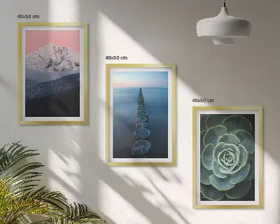 Composição moderna de quadros paisagem de montanhas com céu rosa e suculentas na água