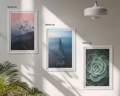 Composição moderna de quadros paisagem de montanhas com céu rosa e suculentas na água