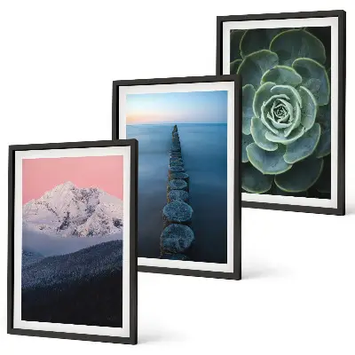 Composição moderna de quadros paisagem de montanhas com céu rosa e suculentas na água