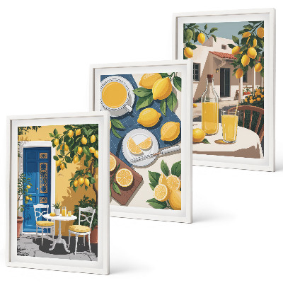Conjunto de 3 quadros com moldura Limonada ao sol no pátio