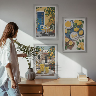 Conjunto de 3 quadros com moldura Limonada ao sol no pátio