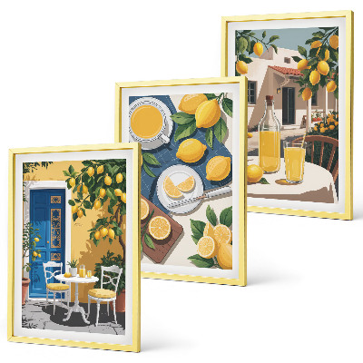 Conjunto de 3 quadros com moldura Limonada ao sol no pátio