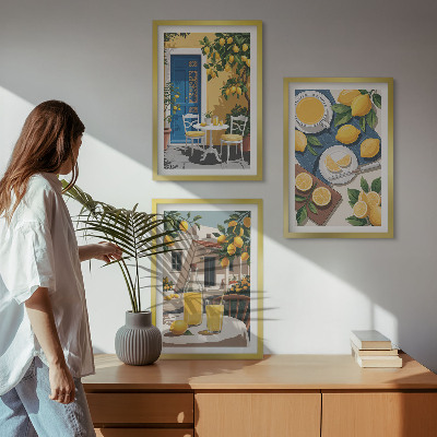 Conjunto de 3 quadros com moldura Limonada ao sol no pátio