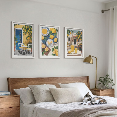 Conjunto de 3 quadros com moldura Limonada ao sol no pátio
