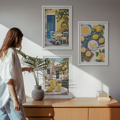 Conjunto de 3 quadros com moldura Limonada ao sol no pátio