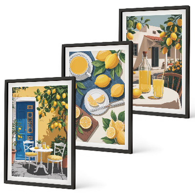 Conjunto de 3 quadros com moldura Limonada ao sol no pátio