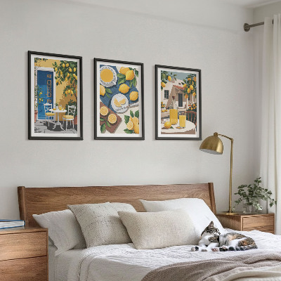 Conjunto de 3 quadros com moldura Limonada ao sol no pátio