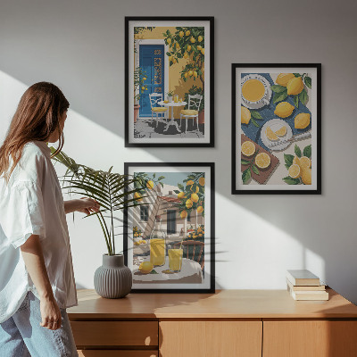 Conjunto de 3 quadros com moldura Limonada ao sol no pátio