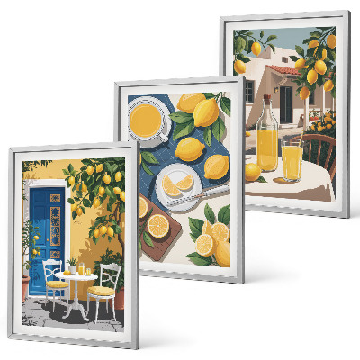Conjunto de 3 quadros com moldura Limonada ao sol no pátio