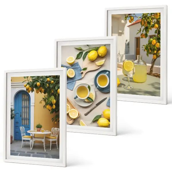 Conjunto de quadros para sala de estar estampa limonada de limões com porta azul