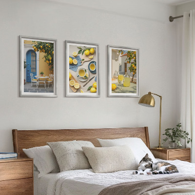 Conjunto de quadros para sala de estar Limonada de limões, porta azul