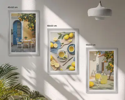 Conjunto de quadros para sala de estar estampa limonada de limões com porta azul