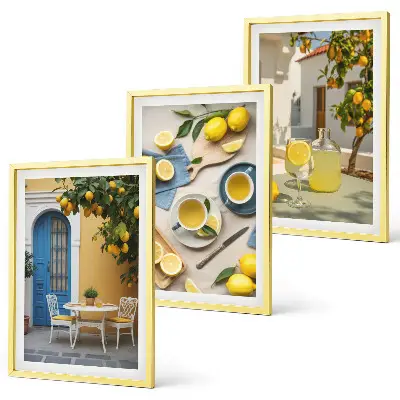 Conjunto de quadros para sala de estar estampa limonada de limões com porta azul