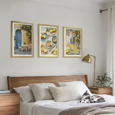 Conjunto de quadros para sala de estar estampa limonada de limões com porta azul