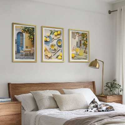 Conjunto de quadros para sala de estar Limonada de limões, porta azul