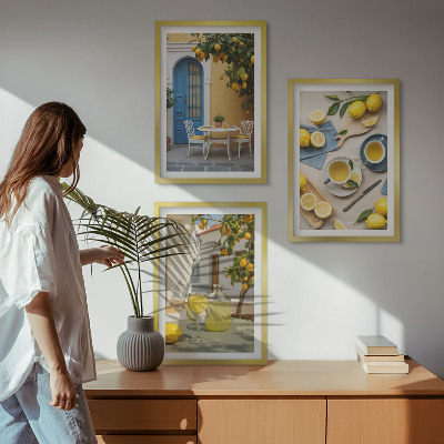 Conjunto de quadros para sala de estar Limonada de limões, porta azul