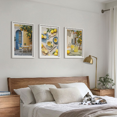 Conjunto de quadros para sala de estar Limonada de limões, porta azul