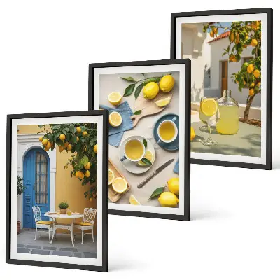 Conjunto de quadros para sala de estar estampa limonada de limões com porta azul