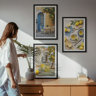 Conjunto de quadros para sala de estar Limonada de limões, porta azul