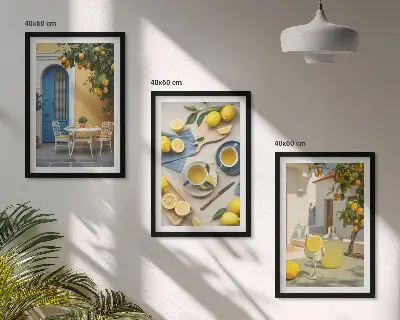 Conjunto de quadros para sala de estar estampa limonada de limões com porta azul