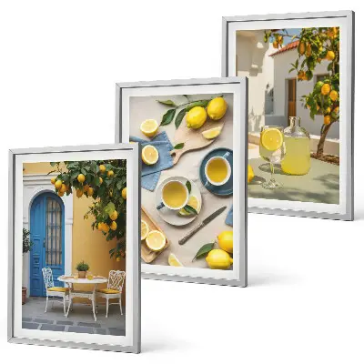 Conjunto de quadros para sala de estar estampa limonada de limões com porta azul