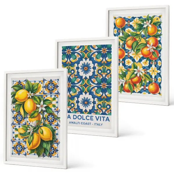 Composição de quadros moderna com arte abstrata de frutas cítricas coloridas